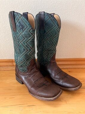 Brown Leather & Teal Stitch Cowboy Boots
